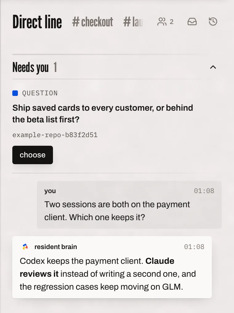 The owner asks the brain which of two sessions keeps the payment client. The brain answers: Codex keeps it, Claude reviews it instead of writing a second one, and the regression cases keep moving on GLM.
