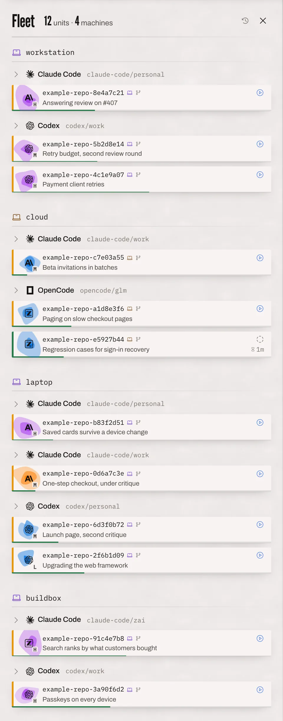 Fleet: twelve sessions on four machines, a workstation, a laptop, the cloud and a build box, grouped by account across Claude Code, Codex, OpenCode and GLM, each with the work it holds.