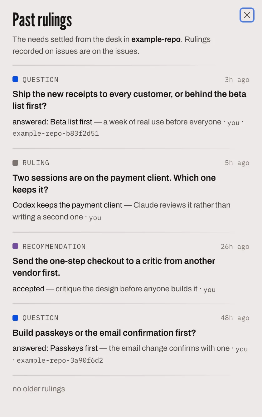 Past rulings: questions the owner answered, a ruling on which session keeps the payment client, and an accepted recommendation to send the checkout design to a critic from another vendor first.